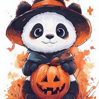 a panda bear wearing a witches hat and holding a pumpkin Cute Halloween Panda Theme Halloween, Halloween Clipart, Cute Panda, Halloween Illustration, burlywood