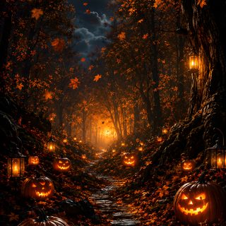 pumpkins lit up in the woods at night Halloween Forest black