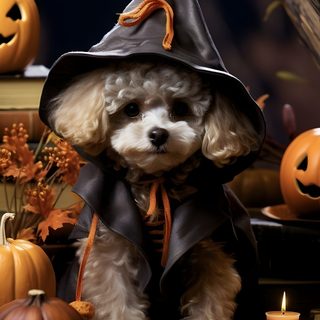 a white dog wearing a witches hat and sitting in front of pumpkins with candles Halloween Poodle Dog Halloween Pictures, Poodle In Costume, Cute Halloween Dogs, black
