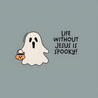 a ghost with a pumpkin in it's mouth saying life without jesus is spooky Cute Christian Halloween Jesus Halloween Background, Bible Verse For Halloween, Christian Halloween Background, dark gray
