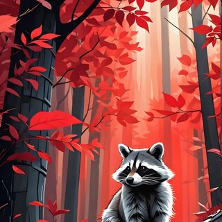 a raccoon is sitting on a log in the middle of a red forest Halloween Raccoon Cute Raccoon Phone, Raccoon In City Background, Cartoon Raccoon, brown