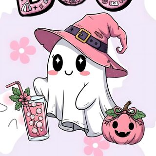 the boo is holding a drink in her hand and wearing a witches hat, while sitting on Halloween Cute Girl Cute Halloween Aesthetic Pink, Cute Pink Halloween Iphone, Pink Cute Girly Halloween, lavender