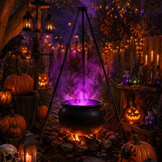 a halloween scene with pumpkins, candles and a caulder in the middle Halloween Witch Cauldron black