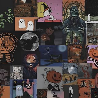 a collage of halloween images with pumpkins, ghostes, and other decorations Cute Aesthetic Halloween For Computer Desktop Horror, Halloween Laptop Aesthetic, Halloween Laptop Backgrounds Aesthetic, dark slate gray
