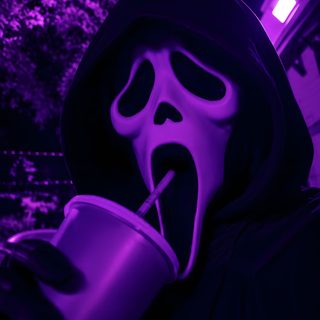 a person wearing a mask and holding a cup in their hand with the mouth open Dark Purple Halloween Purple Ghostface, Neon Purple Aesthetic, Black And Purple, Scream Mask,