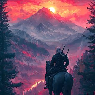 a man riding on the back of a horse in front of a mountain range at sunset Witcher Halloween Witcher Game, Geralt And Yennefer, Witcher 4k, Geralt, The Witcher Background, dim gray