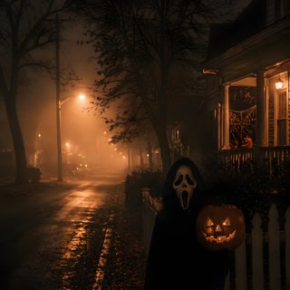 a person dressed as a ghost holding a jack - o'- lantern on a street at night Halloween Phone Dark Vintage Halloween Iphone, Ghost Aesthetic, Halloween Backgrounds Aesthetic, black