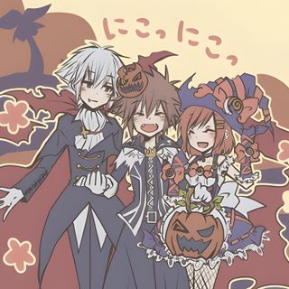 three anime characters standing next to each other with pumpkins on their heads and hands Kingdom Hearts Halloween Kingdom Hearts Halloween Pfp, Vampire Sora, Sora Kingdom Hearts Halloween, rosy brown