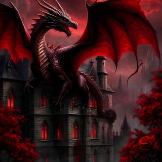 a red dragon sitting on top of a castle with roses in the foreground and a full moon behind it Halloween Dragon Gothic Pictures, Gothic Dragon, Victorian Gothic Style, Dragon Artwork Fantasy, black