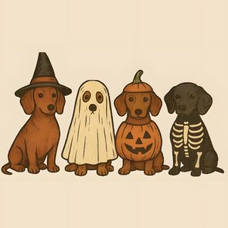 three dogs in halloween costumes sitting next to each other on a beige background with the words happy Halloween Dog Cute Halloween Backgrounds Aesthetic, Cute Halloween Dog Cartoon, Cute Halloween Aesthetic, bisque
