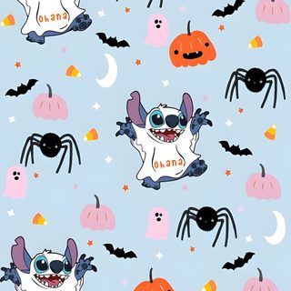 a blue background with halloween themed items and bats on it's sides, including two pumpkins Preppy Stitch Halloween Halloween, Lilo I Stich, Stitch Drawing, Halloween Cute, powder blue