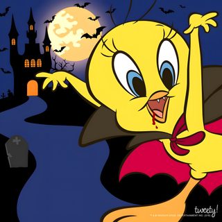 a cartoon character flying through the air in front of a castle with a full moon Tweety Bird Halloween Tweety Bird Pumpkin Painting, Tweety Bird Pumpkin, Tweety Bird Halloween, dark slate gray