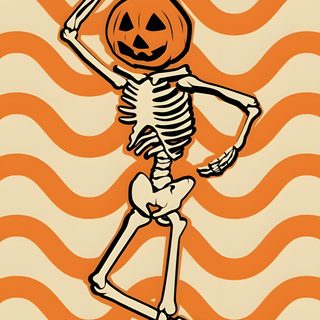 a skeleton with a pumpkin on it's head in the shape of a dancing jack - o - lantern Aesthetic Retro Vintage Halloween Iphone burlywood