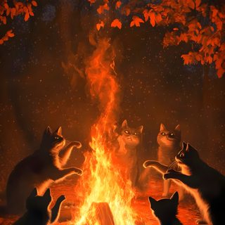 four cats are sitting around a fire in the woods, and one cat is looking at something Halloween Fiery Felines-black Custom maroon