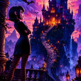 a woman standing in front of a castle with bats flying over her head and on the ground Halloween Disney 4k Maleficent Background, Hotel Transylvania, Cat, Maleficent, Hotel, midnight blue