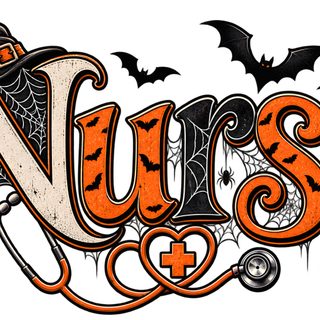 the word nurse is decorated with bats and pumpkins, as well as a witch's hat Nurse Halloween white