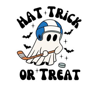 an image of a cartoon character playing hockey with bats and bats in the background that says hat trick or treat Hockey Halloween Halloween, Hockey Posters Ideas, Halloween Crafts, white