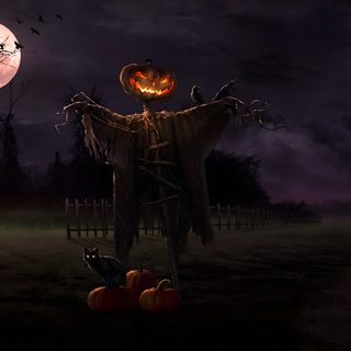 a creepy scarecrow with pumpkins on his head in front of a full moon Bing Halloween Scary Halloween Backgrounds, Halloween, Halloween Live, Halloween Desktop, black