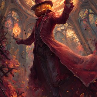 a man in a top hat and long red coat with his arms outstretched, standing in front of a fire filled forest Dnd Halloween Wild West Games, Character Pumpkins, Ghost Drawing, Lantern Art, dark olive green