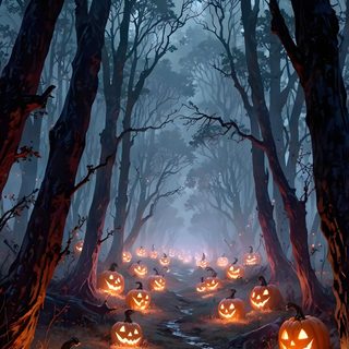 a group of pumpkins in the woods with lights on them and carved into jack - o'- lanterns Halloween Iphone 13 Halloween Forest, Headless Horseman Iphone, Spooky Landscape, dark slate gray