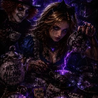 two creepy looking people sitting at a table in the dark with purple lights on them Halloween Alice Custom black