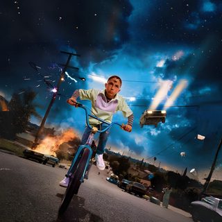 a man riding a bike down the middle of a street under a sky filled with stars Bad Bunny Halloween Cool Bad Bunny, Bad Bunny Iphone, Bad Bunny Phone, Yhlqmdlg Album Cover, dark slate gray
