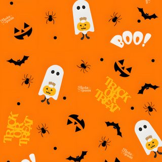 an orange halloween background with ghost, bats and pumpkins on the bottom right corner Large Scale Halloween Trick Or Treats Halloween Backdrop, Trick Or Treat, Halloween, dark orange