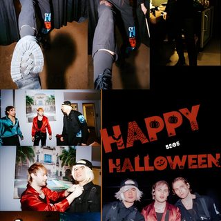 the collage shows people dressed up in costumes and playing guitar, singing with microphones 5sos Halloween 5sos Sweatshirt, 5sos, 5sos Luke, People Dress, 1d And 5sos, Female Rappers, black