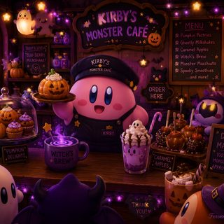 an animated character is standing in front of a table full of halloween treats and desserts Kirby Halloween 4k Mermaid Art, Kirby, Fond D'ecran Dessin, Mermaid, Nintendo, Valentines, black