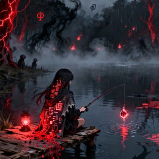 a person sitting on a dock fishing in the water at night with red lights around them Dark Halloween Anime Female Samurai Art, Minecraft Statues, Female Samurai, 4k Background, dark slate gray