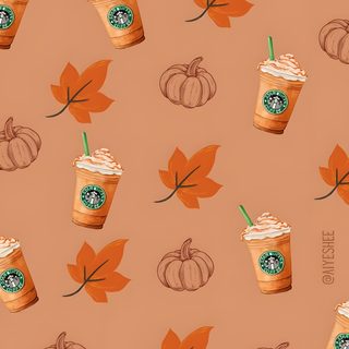 starbucks coffee with pumpkins and leaves on a peach background, seamless wallpaper Halloween Starbucks Fall Starbucks, Pumpkin Spice Latte Ideas, Pumpkin Spice Android, dark salmon
