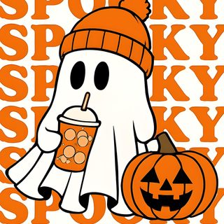 a ghost holding a drink and wearing a pumpkin hat with the word spooky on it Halloween Boo Halloween Orange White Aesthetic Halloween Pictures To Draw, Halloween Images Preppy, Preppy Halloween Pictures To Draw,