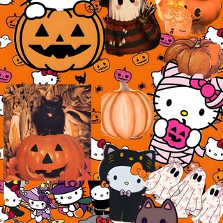 hello kitty halloween collage with pumpkins, cats and other items on an orange background Cute Halloween Hello Kitty chocolate