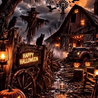 a halloween scene with pumpkins and jack o lantern Halloween Country dark slate gray