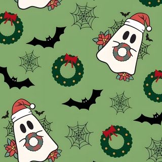 a green background with black and white christmas themed items on the bottom right hand corner Cute Halloween And Christmas Cute Halloween And Christmas, Winter Ghost Background, Christmas And Halloween, dark sea green