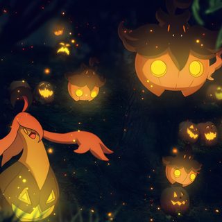 many pumpkins are lit up in the dark with glowing eyes and hands on them Pokemon Halloween Computer Shiny Gourgeist, Pumpkaboo, Pokemon Autumn, Pokemon Ghost, black