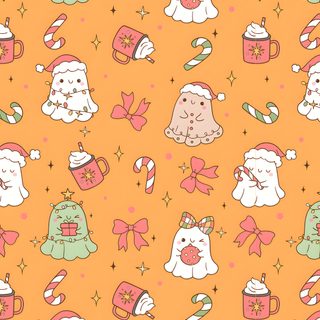 an orange background with many different items on it, including snowmen and christmas trees Cute Halloween And Christmas Desktop, Vintage, Galaxy, Bible Verse, Lock Screen, Phone, sandy brown
