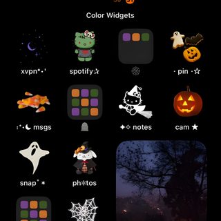 the halloween theme is displayed in this screenshote screen shot, and it appears to be an iphone or ipad Halloween Ideas Ios 16 Cute Halloween Home Screen, Halloween Themed Iphone, Halloween Home Screen Aesthetic, black