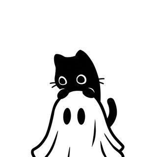 a black and white drawing of a cat sitting on top of a ghost's head Black And White Halloween Ghost Logo Hd, Black Cat And Ghost Drawing, Ghost And Cat, Cute Ghost Art,