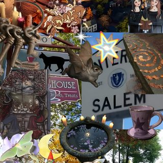 a collage of halloween images with pumpkins, witches and other things in them Salem Halloween Aesthetic dark olive green