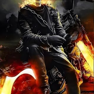 a man riding on the back of a motorcycle with flames coming out of his face Halloween Motorcycle black