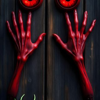 two creepy hands with red eyes and one green spider on the other hand, against a wooden background Halloween Cyclops Horror 3d, 3d Horror, Horror Picture 3d, Iphone Horror 3d, Scary 3d, black