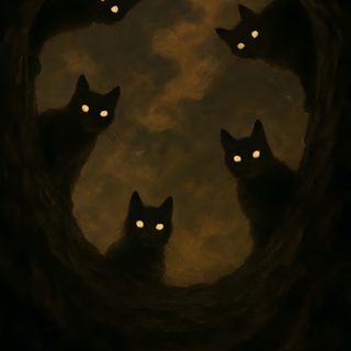 three black cats with glowing eyes are in a dark cave, looking up at the sky Creepy Black Cat Halloween Scary Halloween Illustration, Whimsical Dark Fantasy, Black Cat Evil,