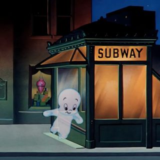 an animated ghost is standing in front of a subway station Casper Halloween Casper Zoom Background, Casper Animation Screencaps, Casper Ghost Eating, dark slate gray