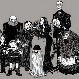 a group of people dressed up in halloween costumes Halloween Addams Family Adams Family Aesthetic, Adams Family, The Addams Family Cartoon, dark gray