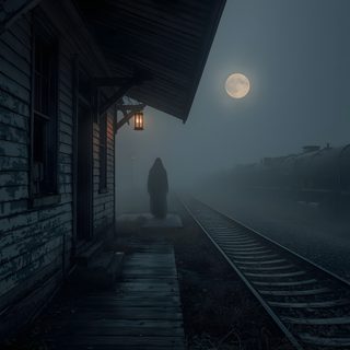 a person standing on train tracks in the fog Halloween Ghost Train Haunted Train Station, Spooky Train Station, Scary Train Station, black