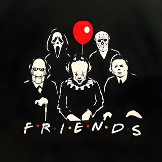 a group of people standing next to each other in front of a red ballon Halloween Horror Friends Horror Friends Tattoo, Friends Horror, Horror Movie Friends, black