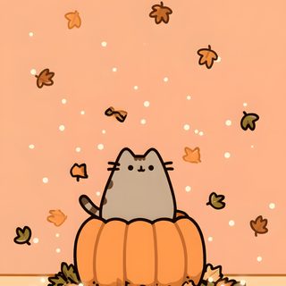 a cat sitting on top of a pumpkin surrounded by leaves and falling from the sky Cute Halloween With Cats Cute Fall Pfp Aesthetic, Fall Cats, Cute Pumpkin Cat, Fall Phone, light salmon
