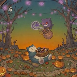 a painting of a cat flying through the air over pumpkins and jack - o'- lanterns Halloween Snorlax Snorlax And Gengar, Snorlax Fanart, Snorlax, Halloween Pokemon Art, dark olive green