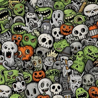 a bunch of skulls and pumpkins with faces on them, all in different colors Halloween Monster Pattern Zombie 4k Iphone, Halloween Monsters, Zombie Background, dim gray